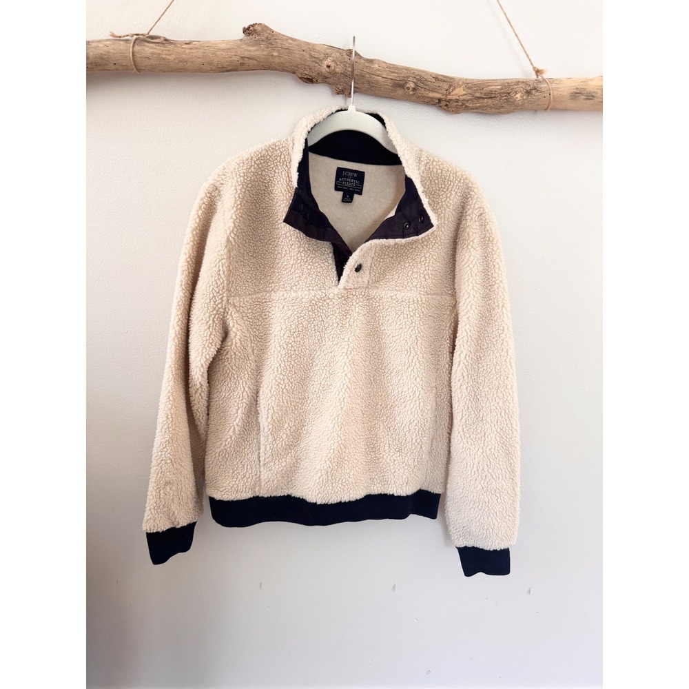 J.Crew Authentic Fleece Sherpa Pullover Cream Navy Blue Snap Mock Neck Small